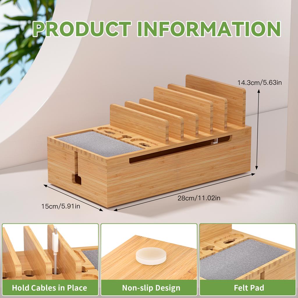 Bamboo Charging Station for Multiple Devices Charger Dock Holder Stand for Cell Phone and Tablet Electronic Devices Organizer 6