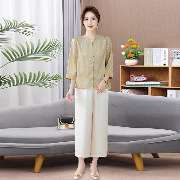 

Chic Summer Two-Piece Chinese Style Suit for Mature Women - Loose, Fashionable, Slimming with Wide-Leg Pants XXL