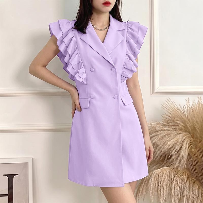 ZANZEA Women Elegant Turn Down Collar Ruffles Splice Sleeveless Casual Sheath Dress M
