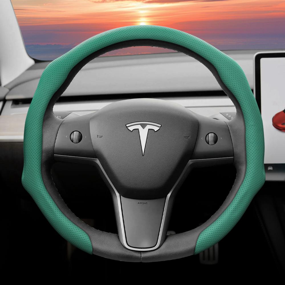 Geeignet für Tesla Perforierte Lederlenkradabdeckung, Rutschfest, Schweißabsorbierend, Atmungsaktiv, Integrierte Snap-On Schutzhülle für Modell 3 Y S