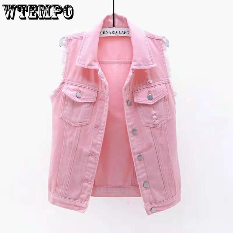 WTEMPO Wielokolorowa Casualowa Kamizelka Jeansowa Damska Moda Wiosna Lato Wszechstronna Slim Surowe Krawędzie Postrzępiona Bez Rękawów Krótkie Płaszcze
