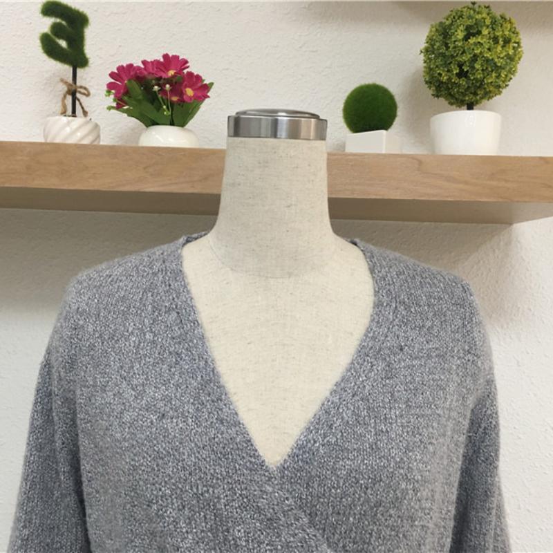 IHUASU Autumn and Winter Fashion Dress Solid Colour Tie Rope V-neck Knit Sweater Women's Mid-length Jumper