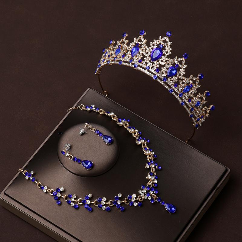 Blue Diamond Crown Bridal Headwear Main Wedding Necklace Three Piece Crown Set