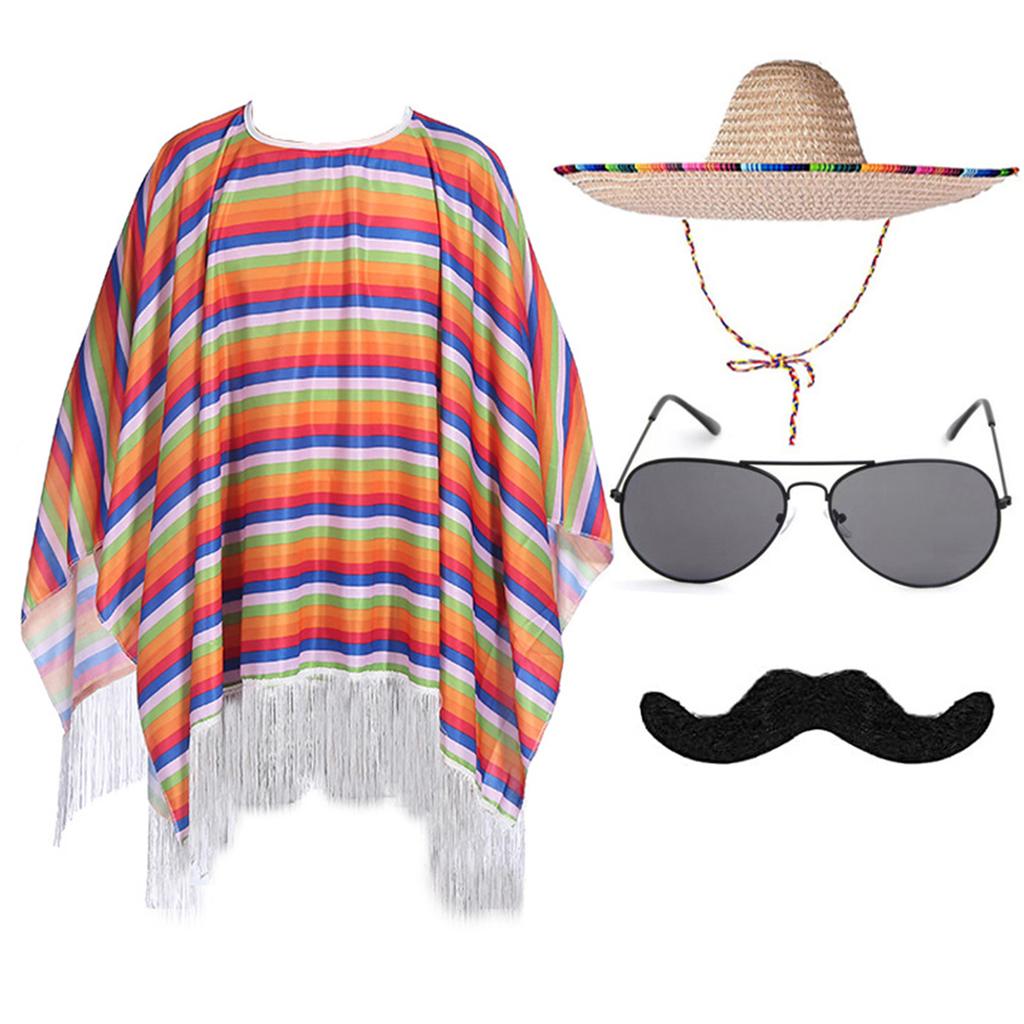 Mexicans Party Outfit for Kids Adult with Poncho Cape Sombrero Hat Sunglasses Maracas and Mustache for Interactive Fun
