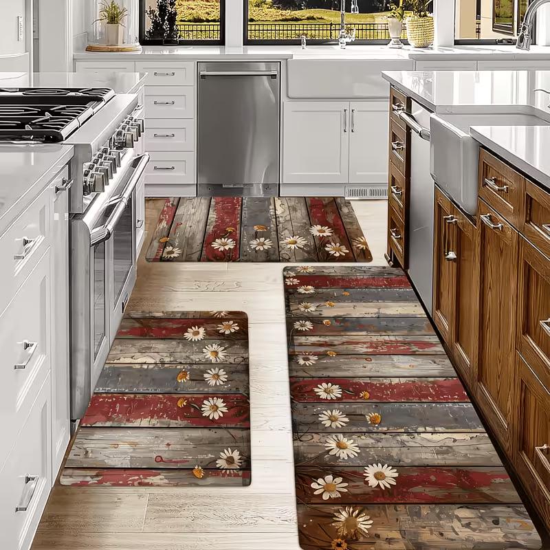 Spring Floral Series Kitchen Floor Mats - Dirt-Resistant, Wear-Resistant, Easy-to-Clean, Three-Piece Set