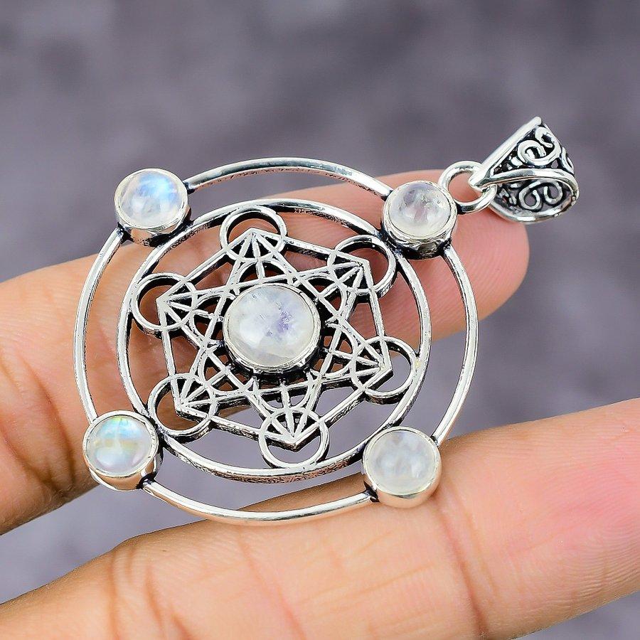 Natural Rainbow Moonstone Gemstone 925 Sterling Silver Pendant 2.17" J2s41