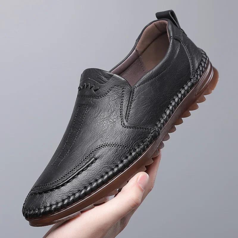 2026 Spring New Men s Daily Casual Leather Shoes Men s Shoes Handmade Stitching Soft Leather Soft Bottom Casual Men s Shoes 38 чёрный