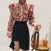 Vintage Floral Shirt with a Stylish Stand Up Collar Print Ruffled Edges and Lotus Leaf Patterns