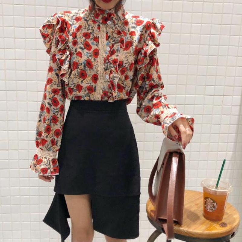 

Винтажная рубашка с цветочным принтом, стильным воротником-стойкой, рюшами по краям и узорами в виде листьев лотоса XL бежевый