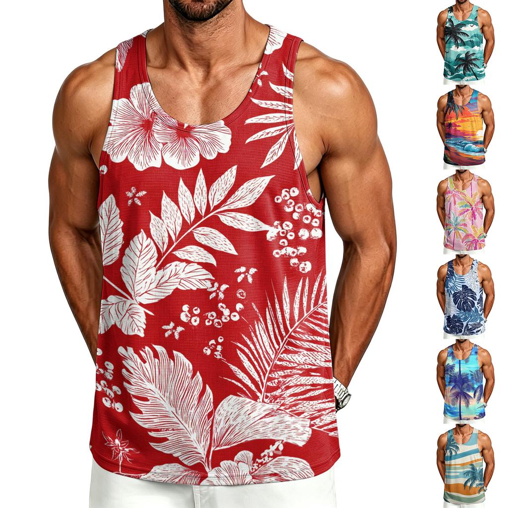 Men's Casual Hawaiian Print Outdoor Sports Tank Top Sleeveless Round Neck Beachwear Summer Vest for Athletic Activities