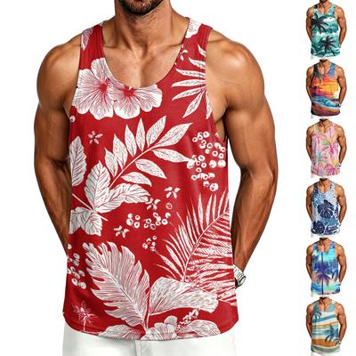 Men's Casual Hawaiian Print Outdoor Sports Tank Top Sleeveless Round Neck Beachwear Summer Vest for Athletic Activities