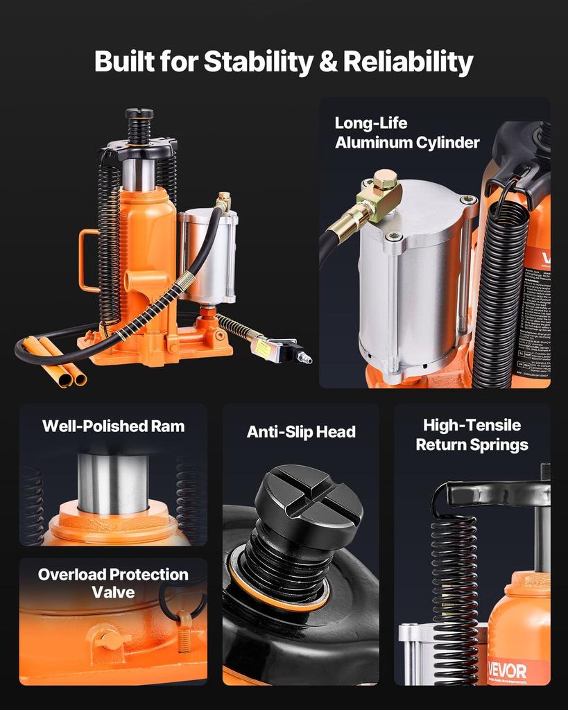 Air Hydraulic Bottle Jack, 20 Ton (44092 Lbs) Capacity, 260-495 Mm Lifting Range, Pneumatic/Manual Heavy Duty Welded Bottle Jack with Pump for SUV,
