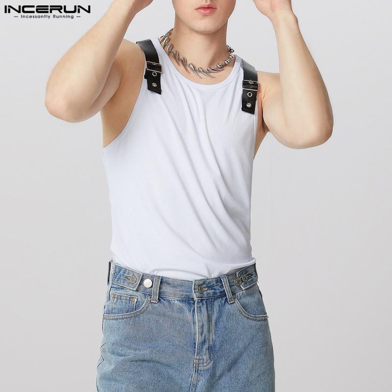 INCERUN Mens Sleeveless Strap Patchwork Solid Casual Fitted Tank Tops