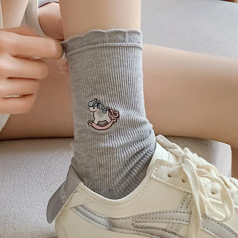 Lace Socks, Women's Summer Thin Mid-calf Socks, Trendy and Cute Embroidered Long Socks, Grey Spring and Autumn Pile Socks