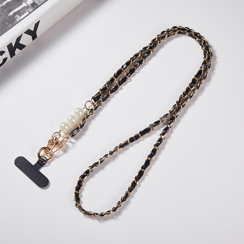 1pc Pearl Leather Chain Mobile Phone Strap Long Crossbody Anti-Loss Shoulder Cord with Metal Pendant Phone Lanyard for Women
