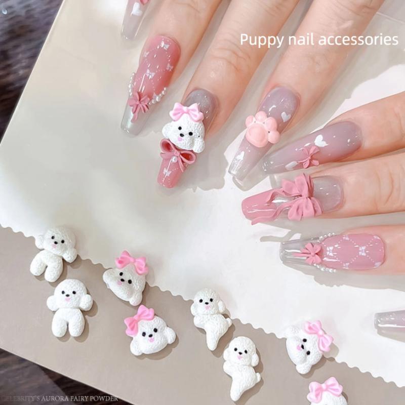 

10Pcs Cartoon White Bow Small Dog Nail Charms 3D Kawaii Creative Hole Puppy Nail Art Decorations For Diy Manicure Supplies