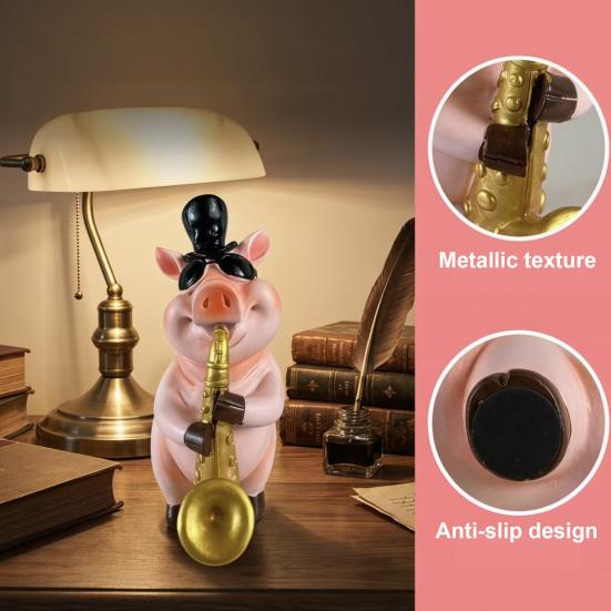 Cute Gentleman Pig Figurine Funny Resin Pig Playing Trumpet Sculpture for Living Room Bedroom Office Desk Home Decor