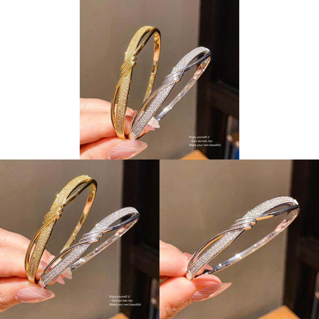 Copper Zircon Wave Pattern Bangle With Gold Plating For Fashionable Women