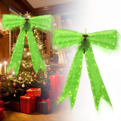 Extra Large Green Christmas Tree Topper Bow with LED Light 47.2" X 23.6" Plush Faux Fur Bow with Pinecones Berries for Front Door Holiday Party Decor