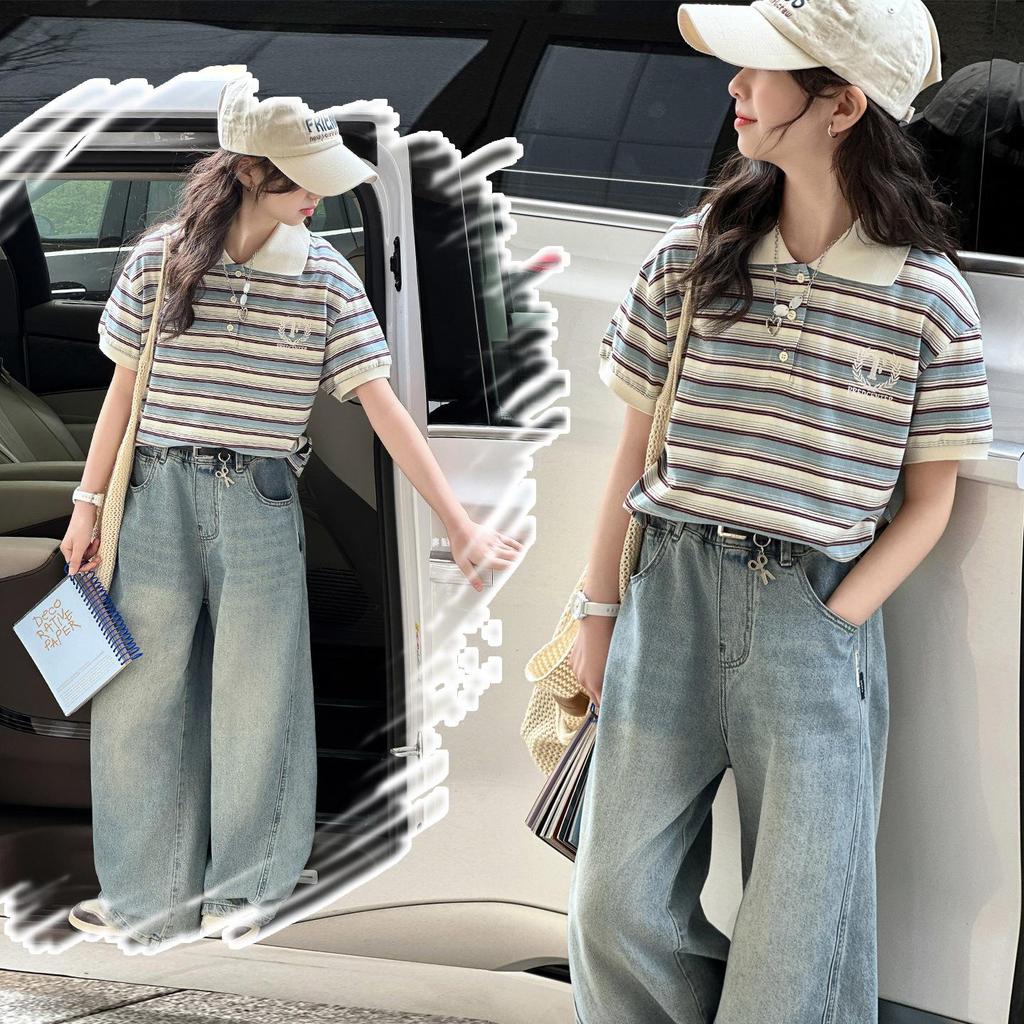 Gestreiftes Polo-Shirt und Jeans-Hose mit weitem Bein für Mädchen - Koreanischer Stil Lässige Sommer-Mode