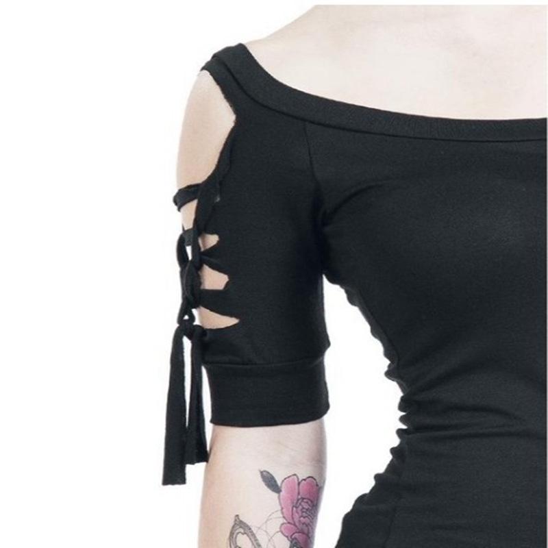 Stylish Women's Fashion Skull Printed Cool Black T-shirt Plus Size Slash Slit Tops