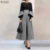 ZANZEA Women Casual Round Neck Puff Long Sleeve Loose Patchwork Dress