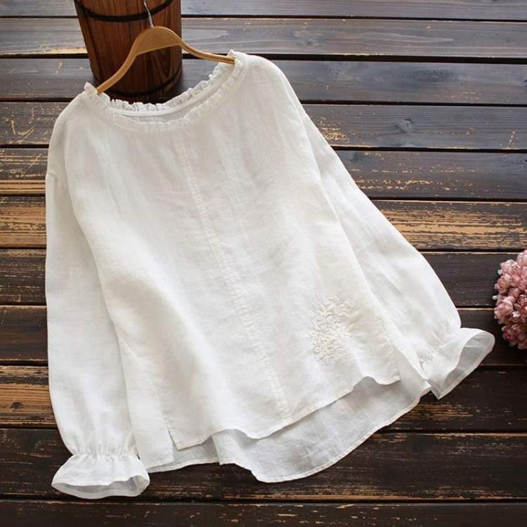 Vintage Women Casual Loose Floral Blouse Long Sleeve Cotton Chemise Embroidery Ruffled Top Autumn Shirt