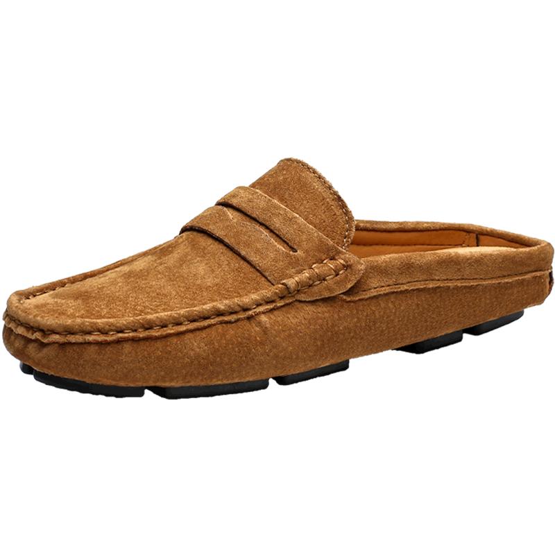 Fashion Suede Leather Male Muller Shoes Classic Breathable Men Slippers Simple Comfy Half Flats Lazy Shoes Soft Handmade Casual Footwear