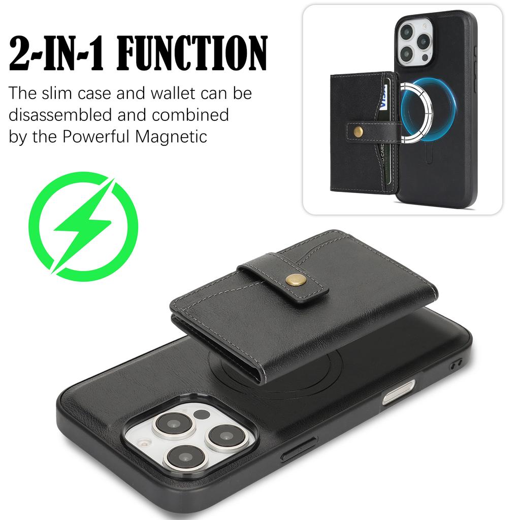 For iPhone 15 Pro Kickstand Case Detachable Card Bag Compatible with MagSafe PU Leather Coated TPU Phone Cover
