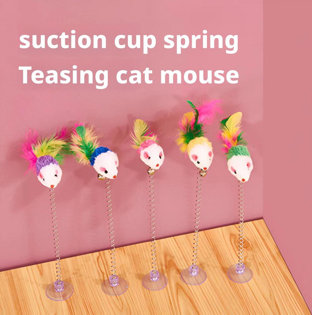 1/5PC Suction Cup Spring Mouse Cartoon Pet Cat Toy Stick Feather Rod Mouse Toy with Mini Bell Cat Catcher Teaser Interactive Cat