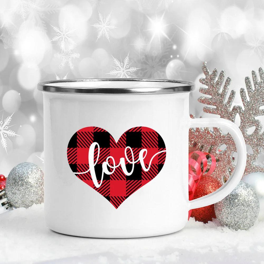 Love Heart Printed Camping Mug Valentine Party Juice Milk Cup Coffee Cups Enamel Mugs Valentine's Day Gifts for Family Friends