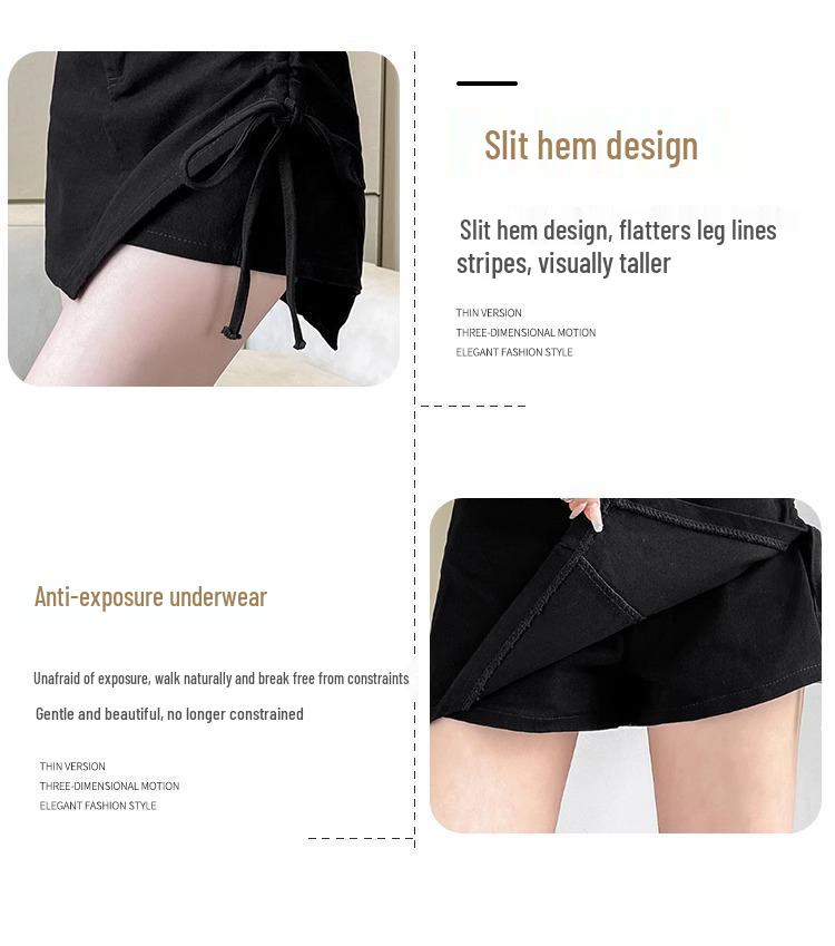 2024 Summer Black Irregular High Waist A-line Skirt with Slimming Ruched Design for Women