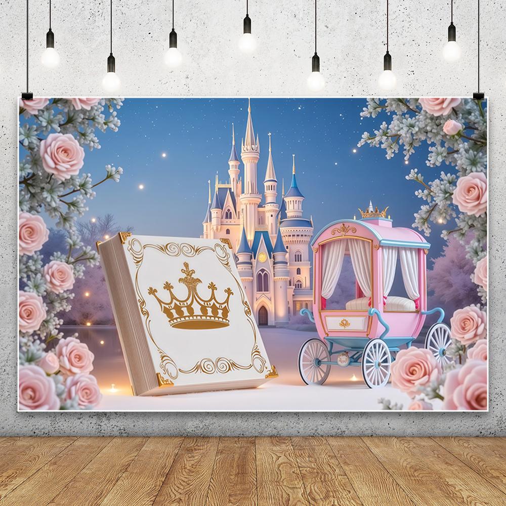 Dreamy Castle Photography Background Pink Balloon Curtain Flower Carriage Girl Birthday Bride Wedding Party Decor Photo Backdrop