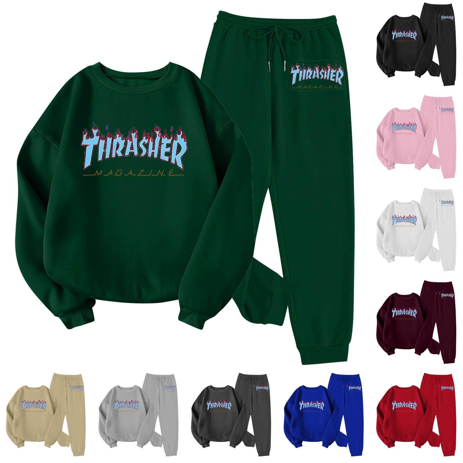 

Женский спортивный спортивный костюм с круглым вырезом, комплект унисекс, комплект из двух предметов, пуловер с длинными рукавами, толстовка + спортивные штаны