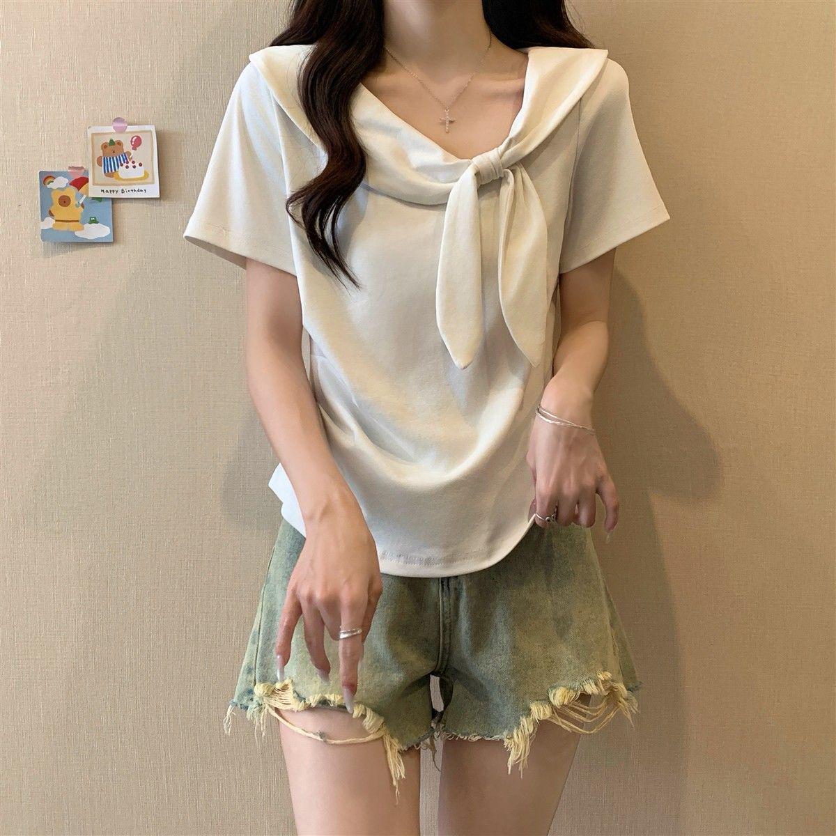 

Navy Bow Collar Plus Size Short Sleeve T-Shirt - Women s Loose Fit Summer Top M (Recommended 80-100 jin) білий