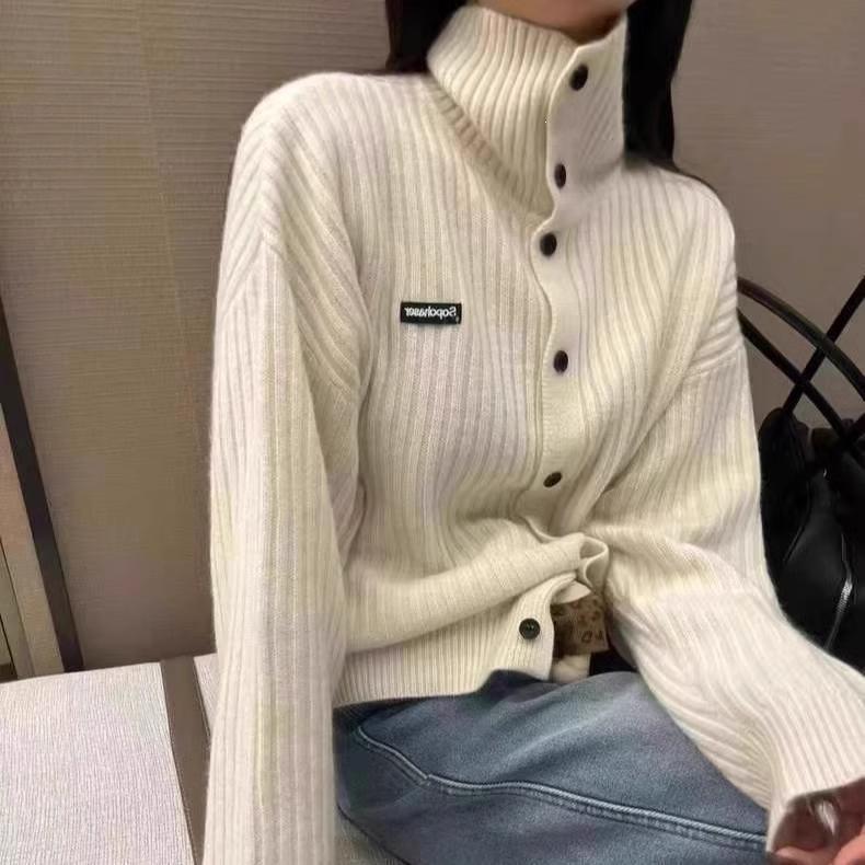WTEMPO Women's High Turtleneck Ribbed Knit Cardigan, Fall Winter Lazy Style Button Sweater, Long Sleeve Relaxed Fit Knit Jacket