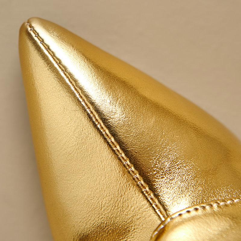 Gold Silber Keilabsatz Hai Stiefel Damen Umschlagbar Metallverschluss Dekor Weiches PU Kniehoch Absatz Stiefeletten Schuhe Spitze Zehenpartie Laufschuhe