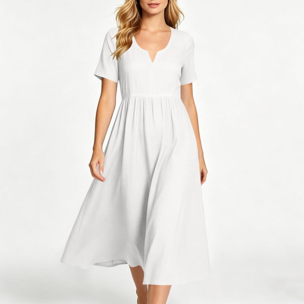 Women's Casual Pleated Midi Dress Short Sleeve V Neck Loose Fit Summer Dress Lightweight Comfortable Fabric