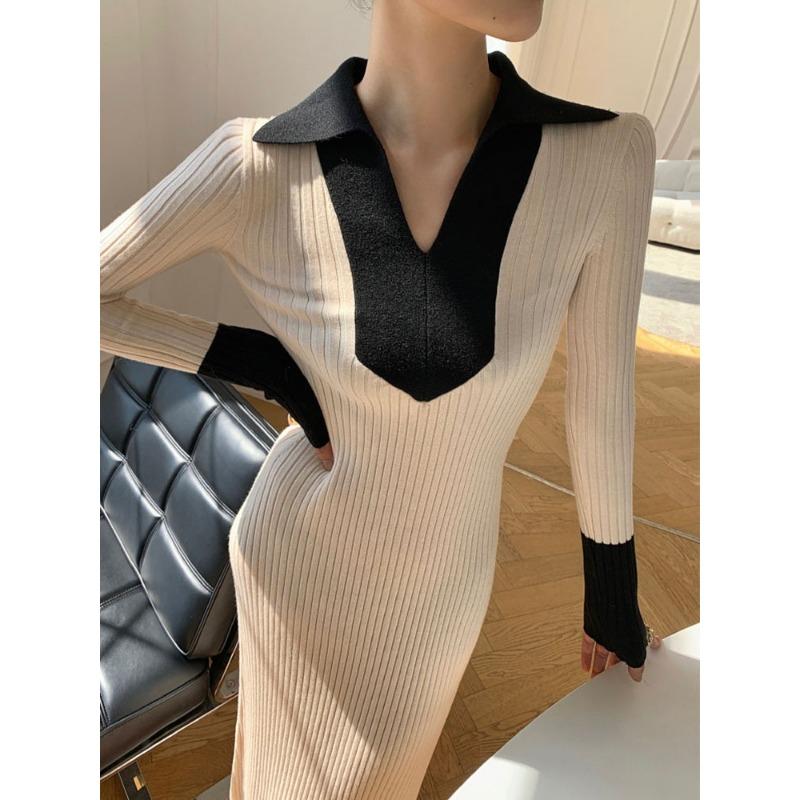 

Celebrity temperament Muse fan long dress chic unique waist high sense contrasting color knitted dress women autumn and winter XL абрикосовый