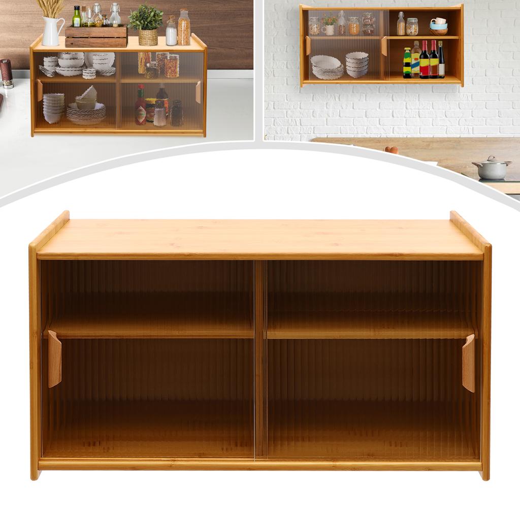 Wall Mount Bamboo Wood Pantry Cabinet,77/80cm 2 Tiers Log Color/Walnut Rectangular Wall Sideboard with Glass Doors for Kitchen