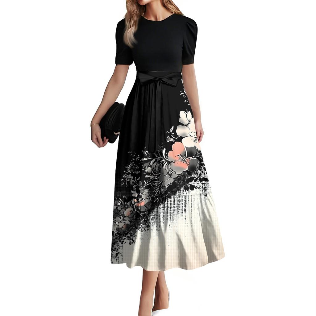 Women's Fashion Casual Belt Short Sleeve Print Round Neck Stitching Elegant Temperament Dress