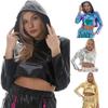 Hanorace metalice strălucitoare pentru femei, cu mânecă lungă, cu glugă, crop top, culoare solidă, hanorac