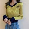 Women's V-neck Sweater Spring Autumn Long-sleeved Knitted Cropped Top Sweater Color-block Pullover Jumper