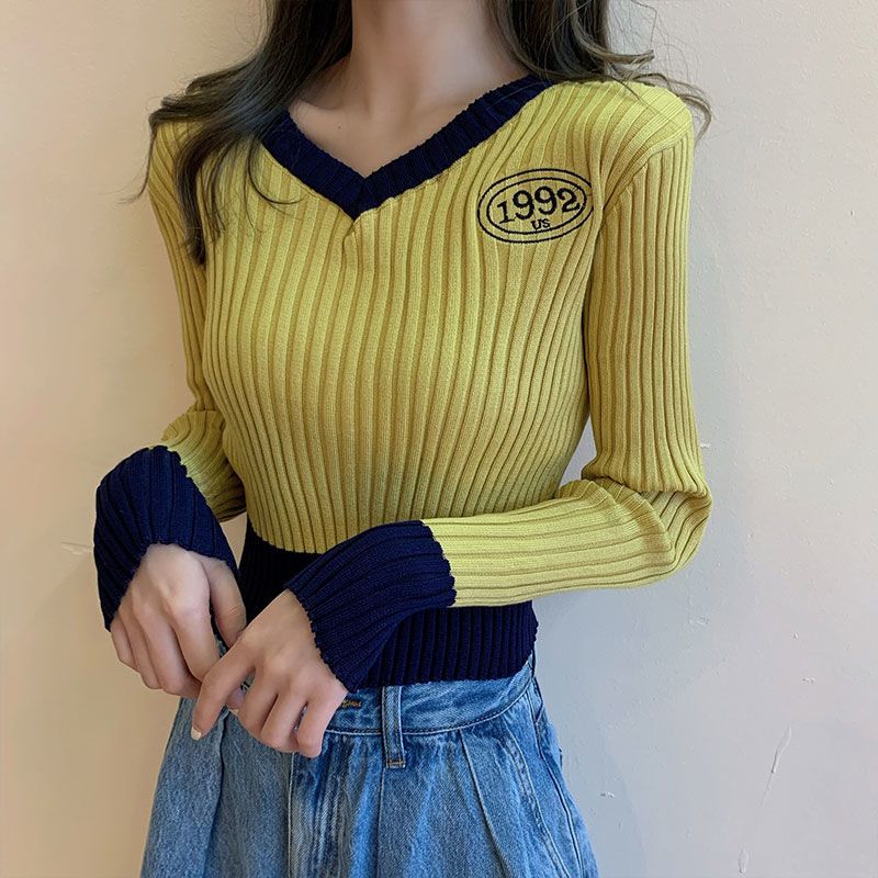 Women's V-neck Sweater Spring Autumn Long-sleeved Knitted Cropped Top Sweater Color-block Pullover Jumper
