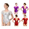 Women Stage Performance Leotard Metallic Mesh Patchwork Flutter Sleeve Ruched Front Cross U Back Ballet Dance Bodysuit