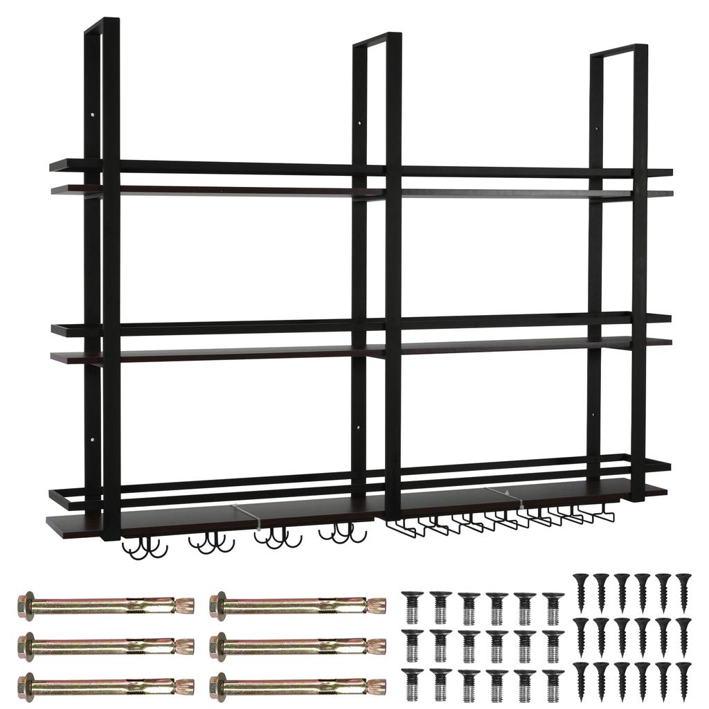 3 Tier Wall Mounted Bar Shelves Metal Hanging Wine Storage Rack Display with Glass Holder for Kitchen Dining Room Home Decor