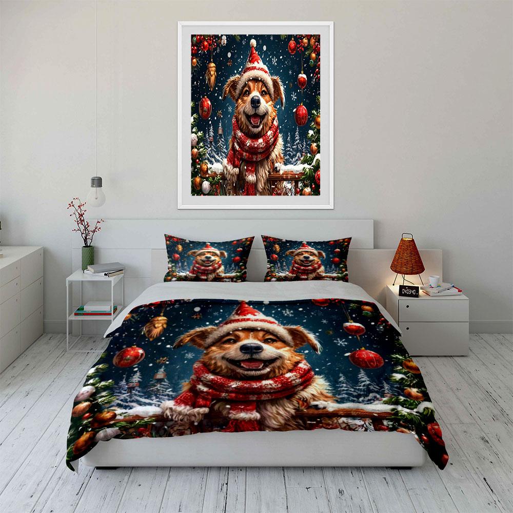 Festive Christmas Dog Outfit Set Kid'S And Adults' Bedroom Decor, Exquisite Three-Piece Bedding Set Gift