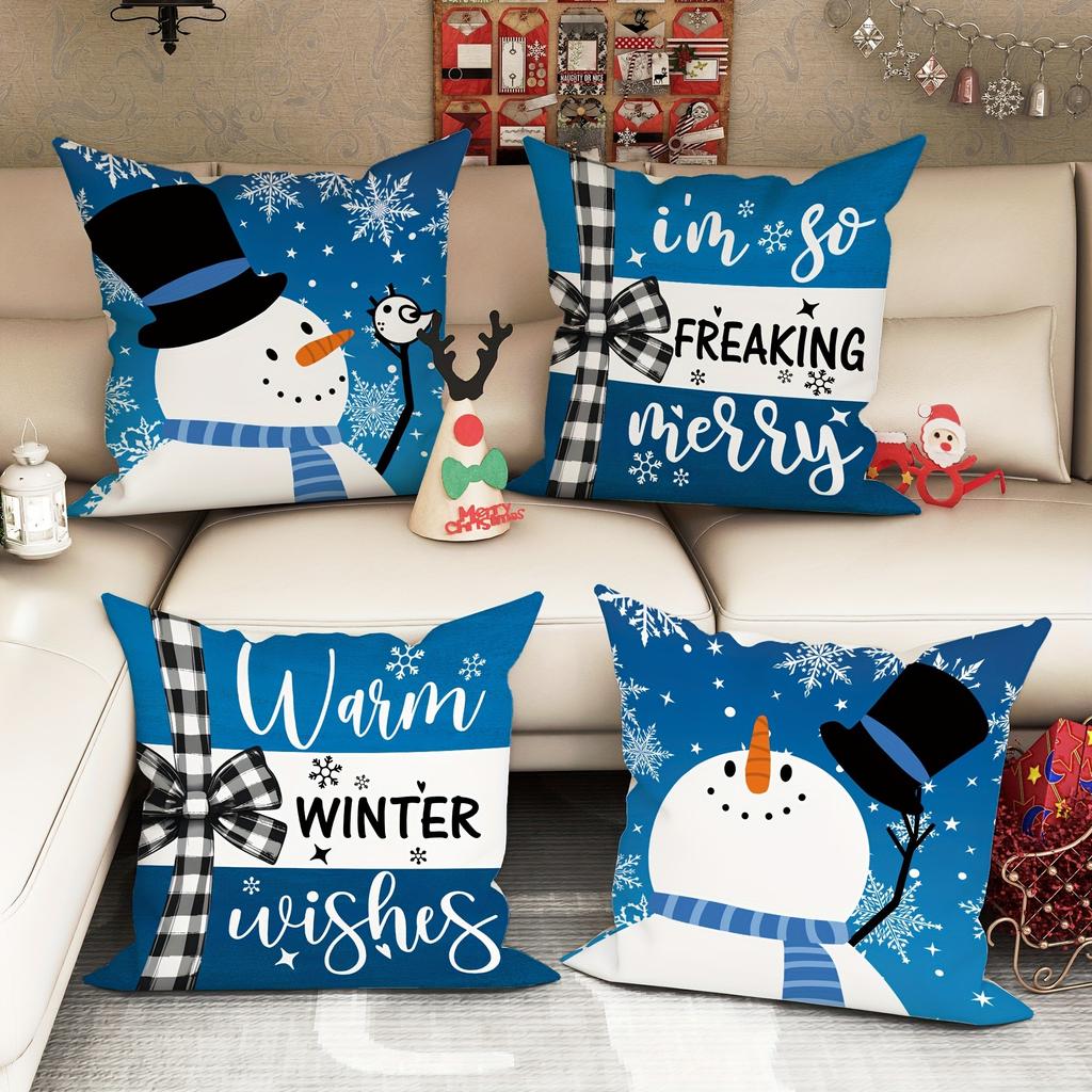 Christmas Day Party Decoration Pillowcase Snowman Blue Pattern Suitable for Home Room Sofa Cushion Cover New Year Gift