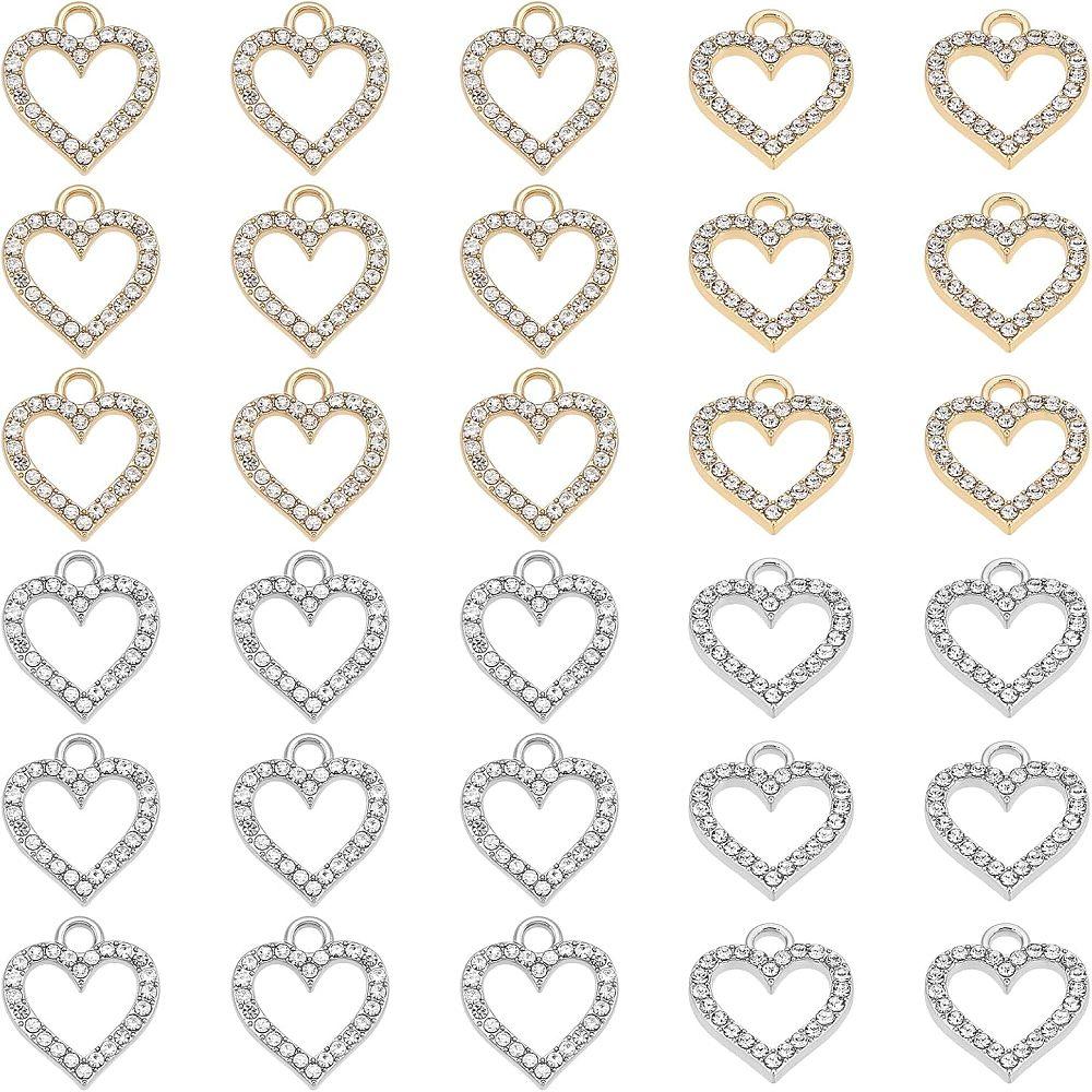 60Pcs 2 Colors Alloy Charms with Rhinestone Cadmium Free & Lead Free Heart Platinum & Light Gold 17x15x2mm Hole: 2.5mm 30pcs/color