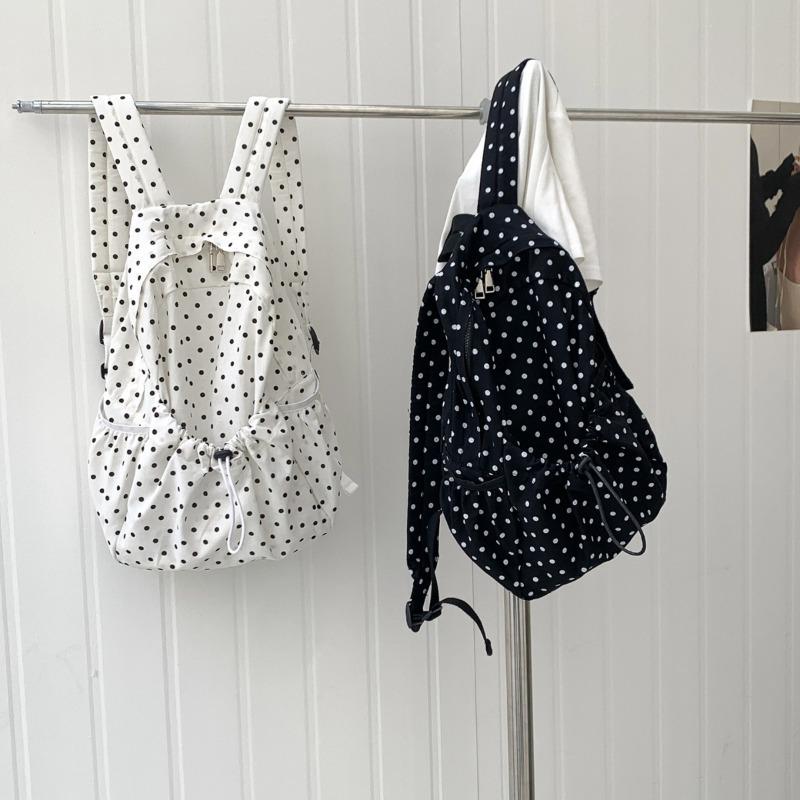 New Backpack Lightweight Literary Polka Dot Backpack Girls Campus Wind Drawstring Pleated Casual Schoolbag